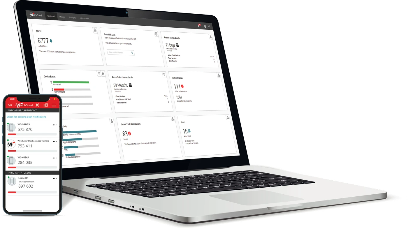 Imagem oficial AuthPoint: painel de administração no notebook e aplicativo de autenticação no celular