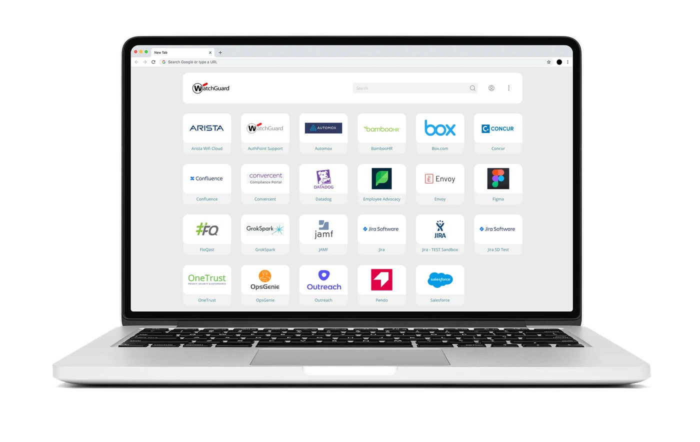 Imagem oficial do portal SSO AuthPoint no notebook, com atalhos para aplicações corporativas