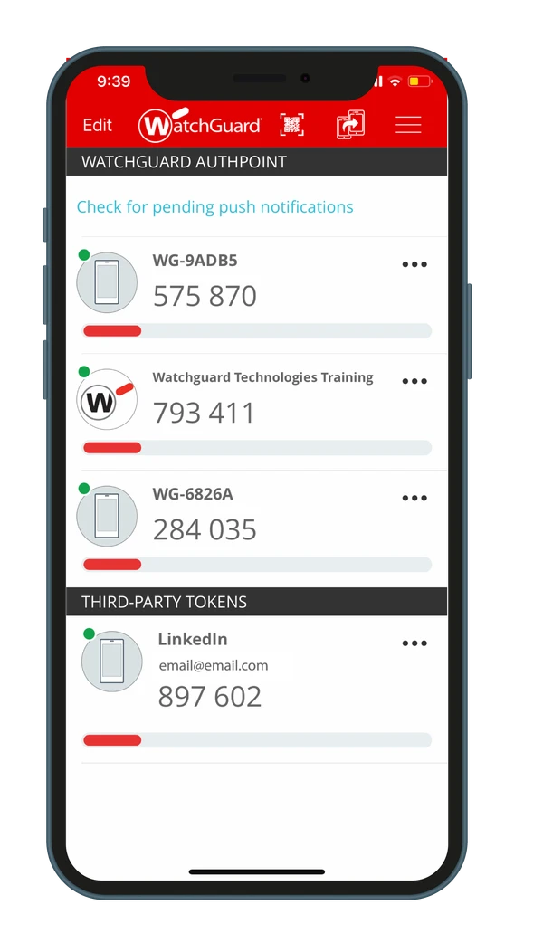 Imagem oficial do aplicativo AuthPoint com uma lista de tokens e códigos de uso único