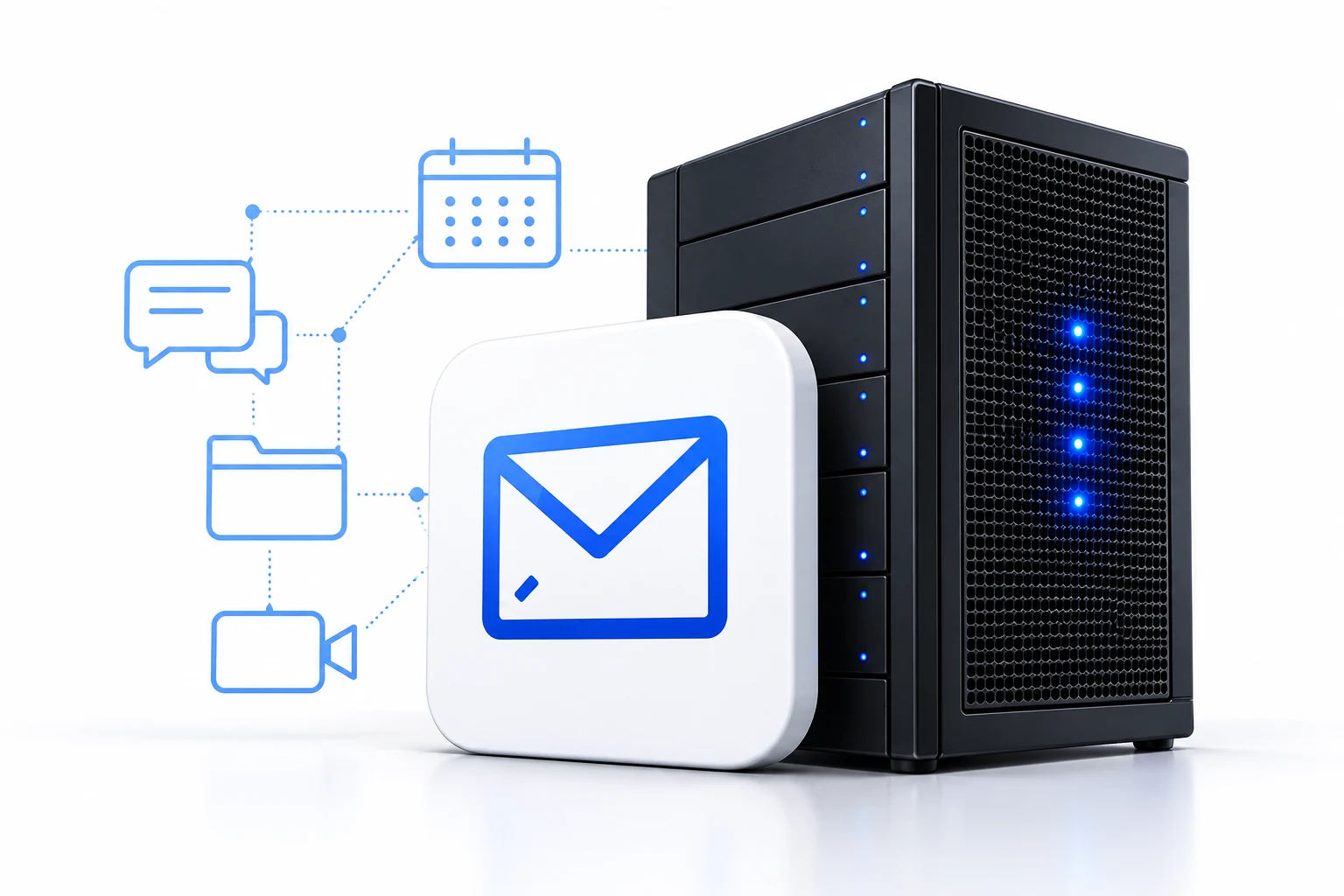 Servidor local com destaque para e-mail e ícones de calendário, arquivos, conversas e reuniões.