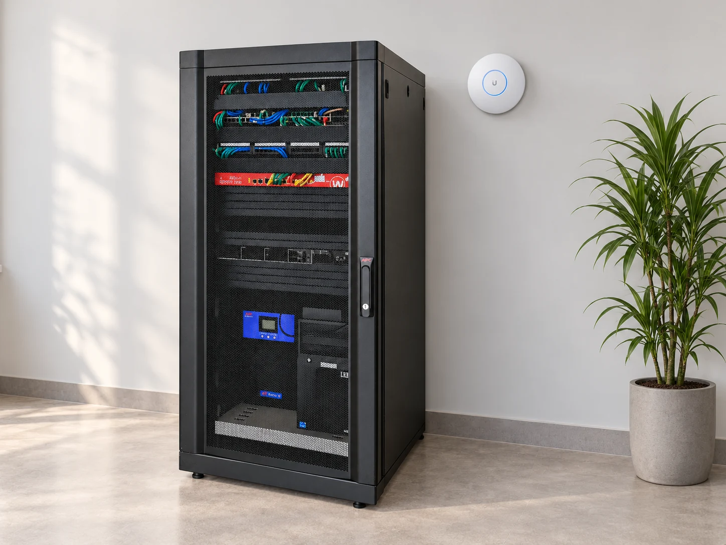 Rack de infraestrutura com cabeamento organizado e ponto de acesso Wi-Fi no ambiente